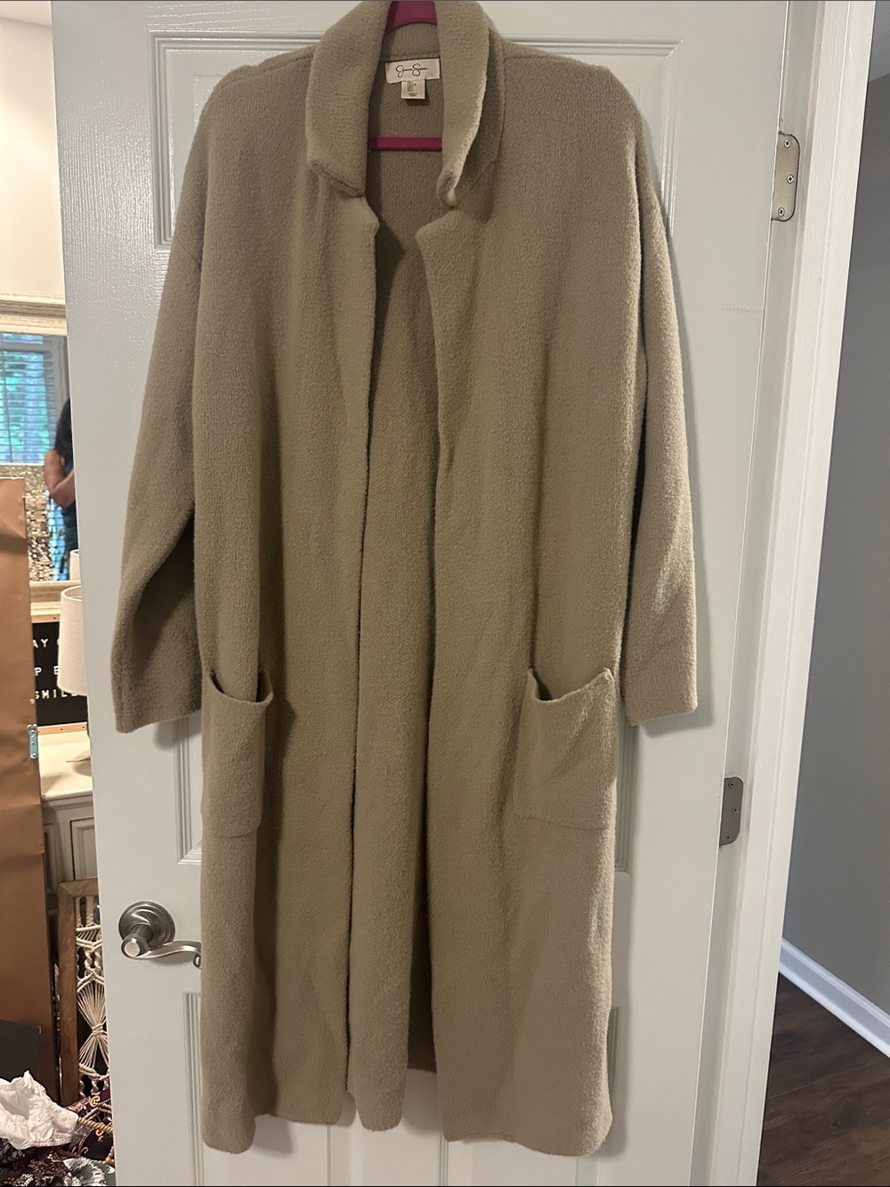 Jessica Simpson Long Open-Front Teddy Coat in Taupe